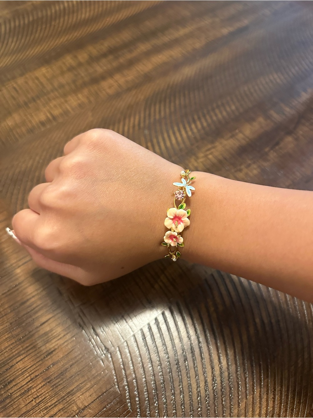 Gold Floral Enamel Bracelet - Pink & Green Flower Charm from Selenichast